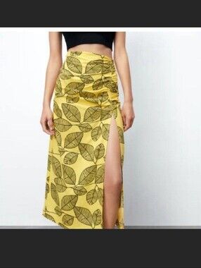 Zara Leaf Print Midi Skirt With Side Split